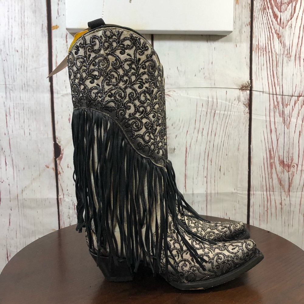 CORRAL handcrafted Fringe Embroidered Western Women’s Boot - Black and Cream 7 - Picture 2 of 16